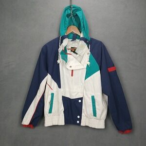 Vintage Andy Johns Jacket Womens Medium Multicolor Colorblock Hooded Snap Retro
